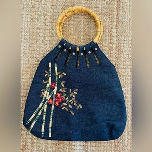 Denim Handbag with Bamboo Handle